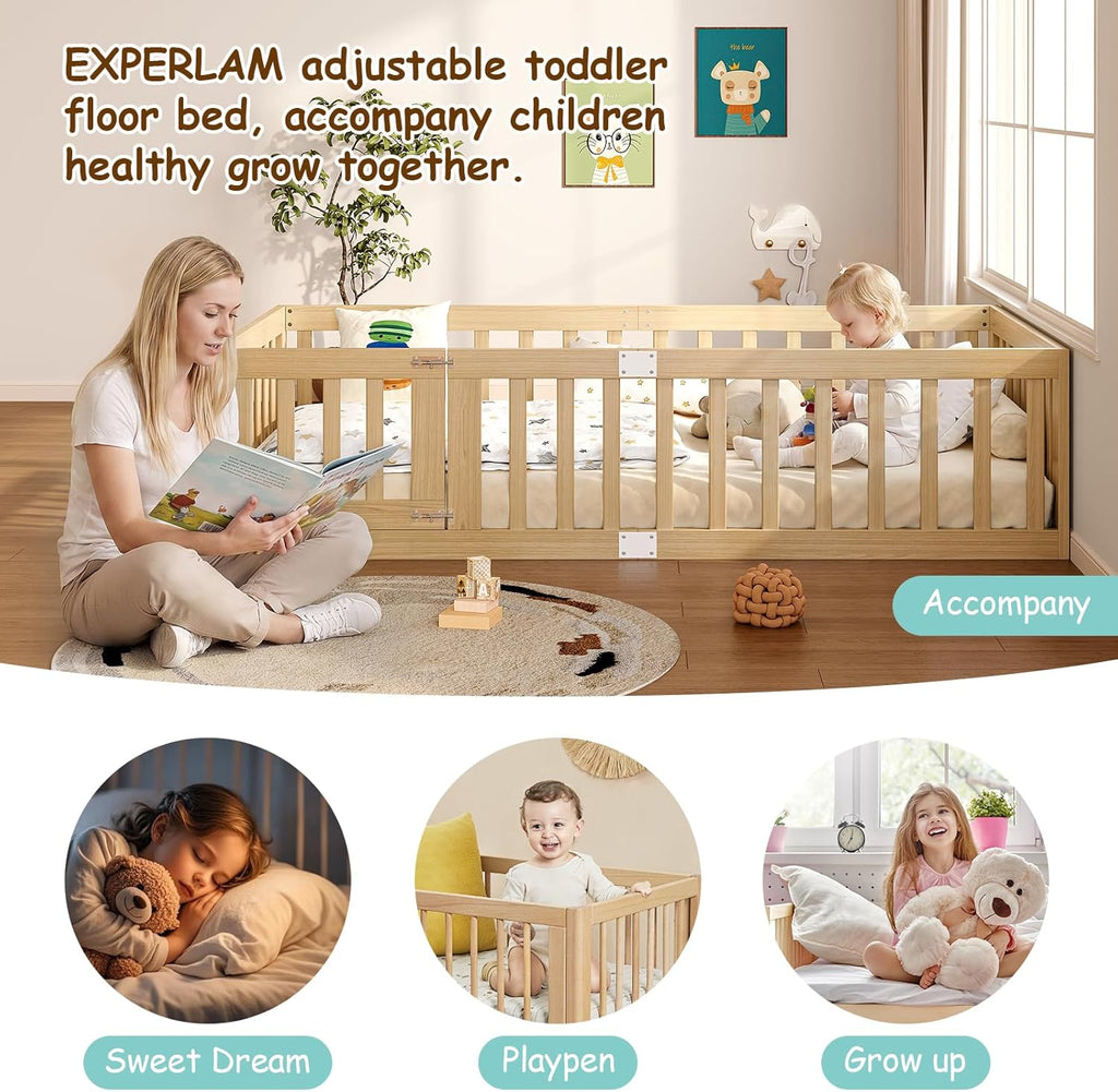 Twin Montessori Floor Bed with High Guardrails and 2 Door Latch, Solid Wood Toddler Bed Frame with 10 Slats and