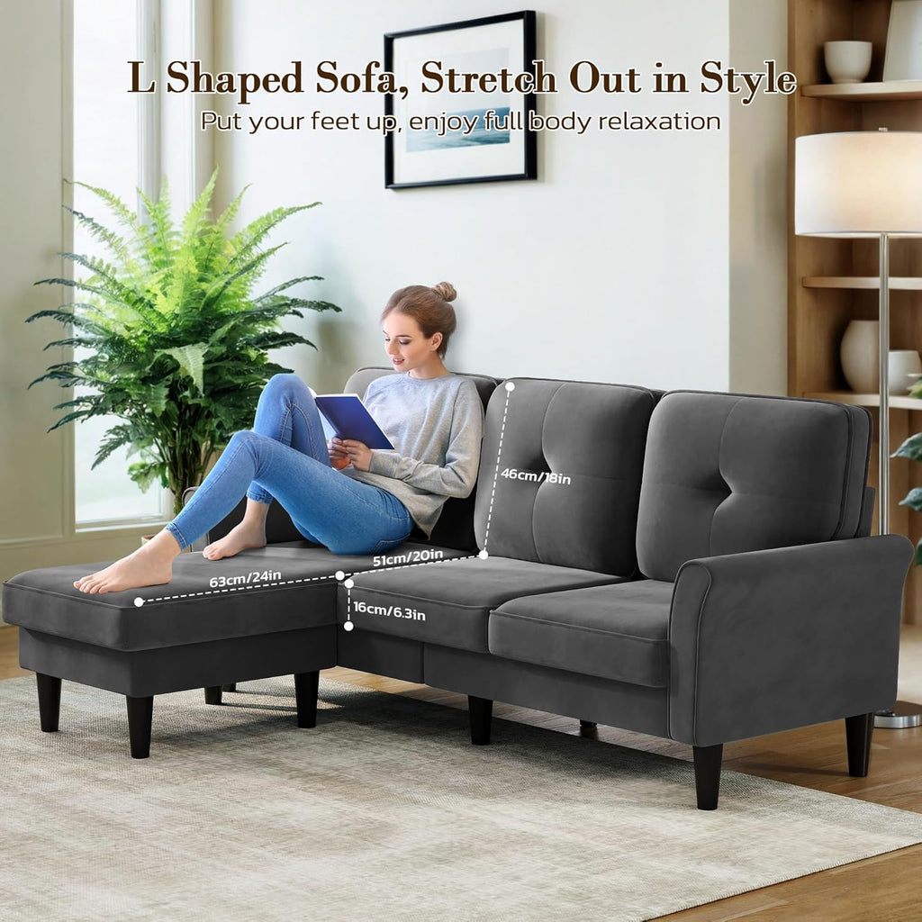 Sofas for Living Room, 83" Velvet Sectional Couch with Moveable Ottoman, Midcentury Modern Small Sectional Couch