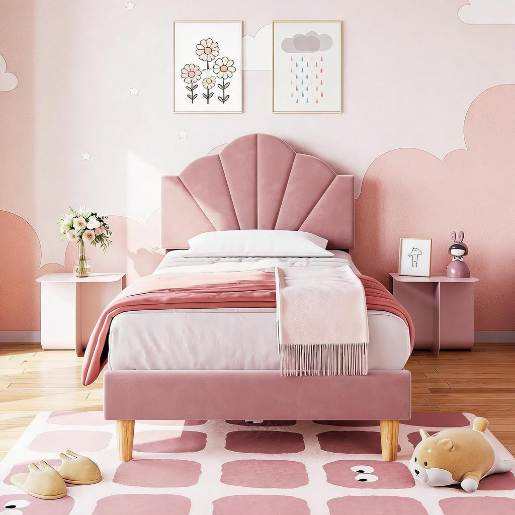 Twin Bed Frame, Velvet Upholstered Platform Bed Frame with Height Adjustable Headboard for Boys & Girls, Wood Slat