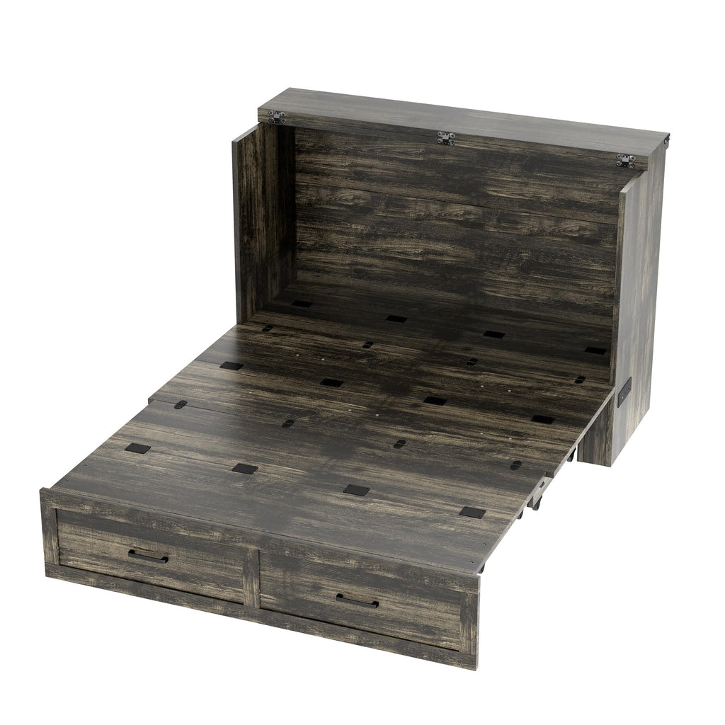 Queen Size Murphy Bed, Cabinet Bed with Charging Station, Multi-Functional Foldable Platform Bed with 1 Large Storage
