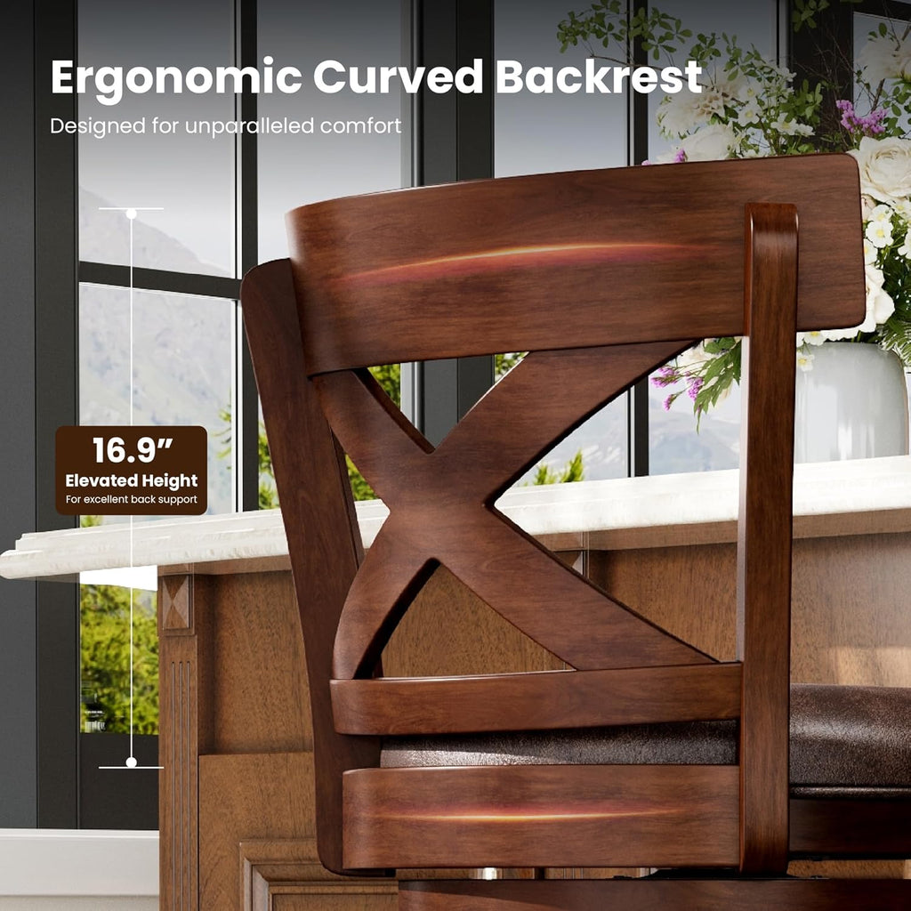 26 inch Counter Height Bar Stools Set of 4, Swivel Bar Stools with Back, Wooden Bar Chairs Faux Leather
