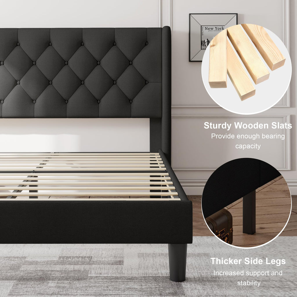 King Size Bed Frame with Wingback Tufted Headboard, Upholstered Platform Bed Frame with Heavy Duty Wooden Slats