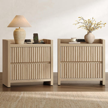Night Stands Set of 2-Fluted Nightstands with Charging Station- Large Nightstand Bedside Table End Table with 2