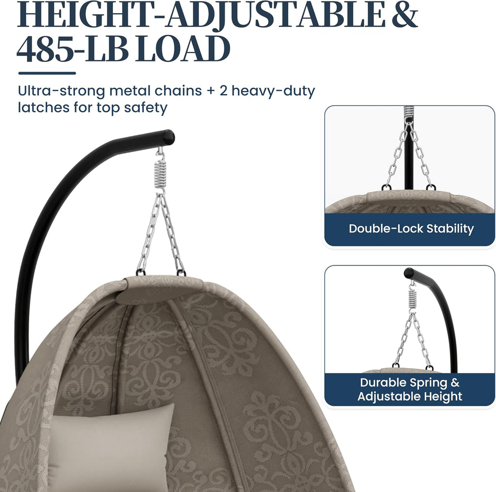 Hanging Egg Chair with Stand Indoor Outdoor, Foldable Outdoor Egg Swing Chair with Cushion, 485LBS Capacity Textilene