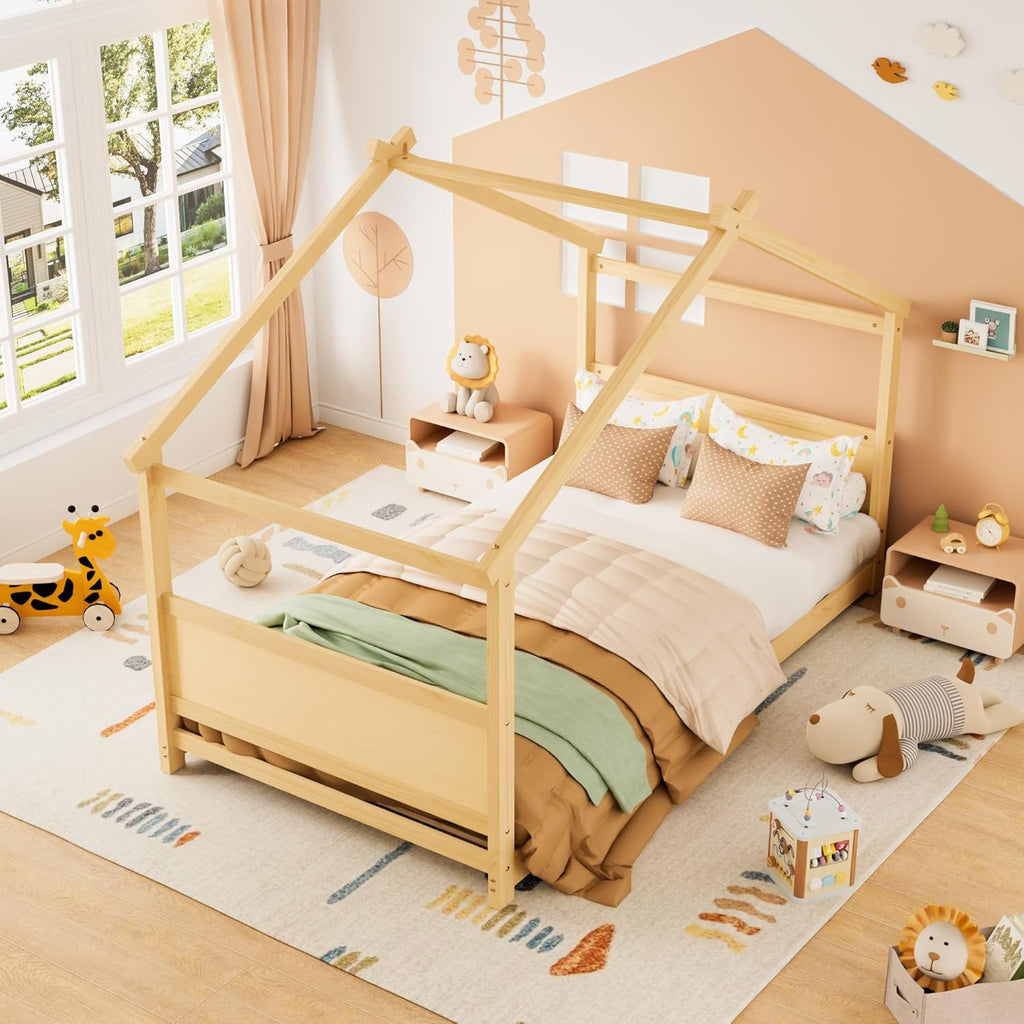 Twin Montessori Floor Bed Frame, Solid Wood Kids House Bed Without Rails, Open Concept Toddler House Bed with