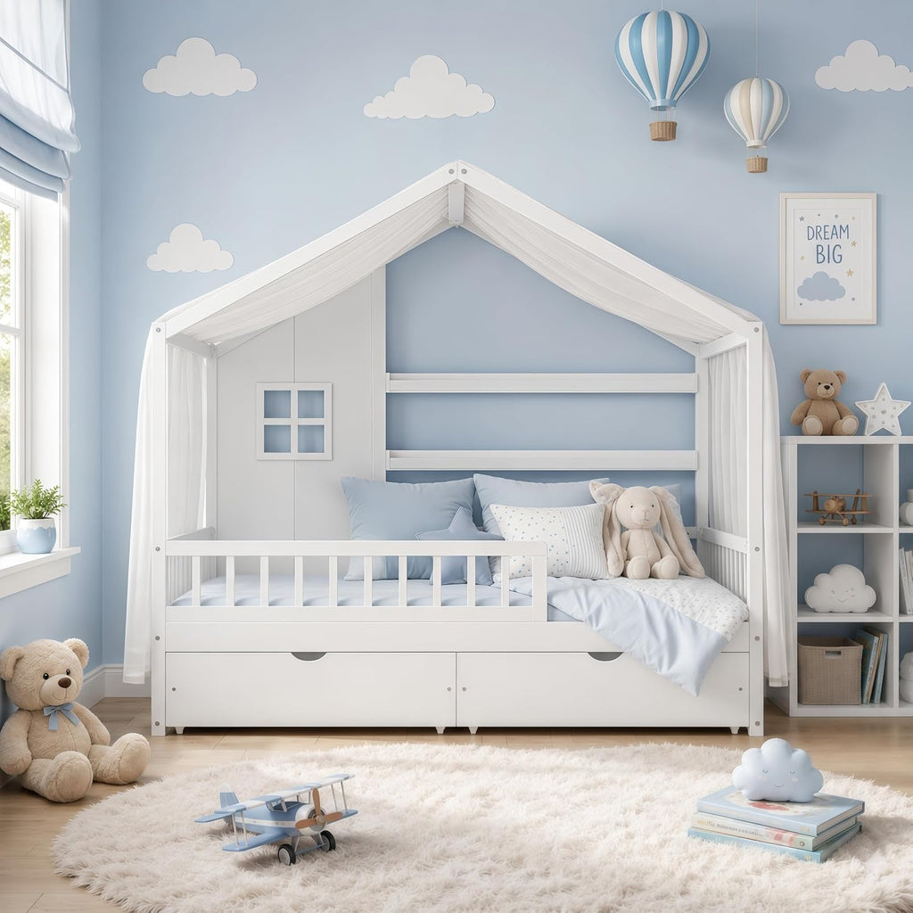 Full House BedFrame with Canopy and Storage Drawers, Montessori Bed, House Bed with Rails for Kids, White