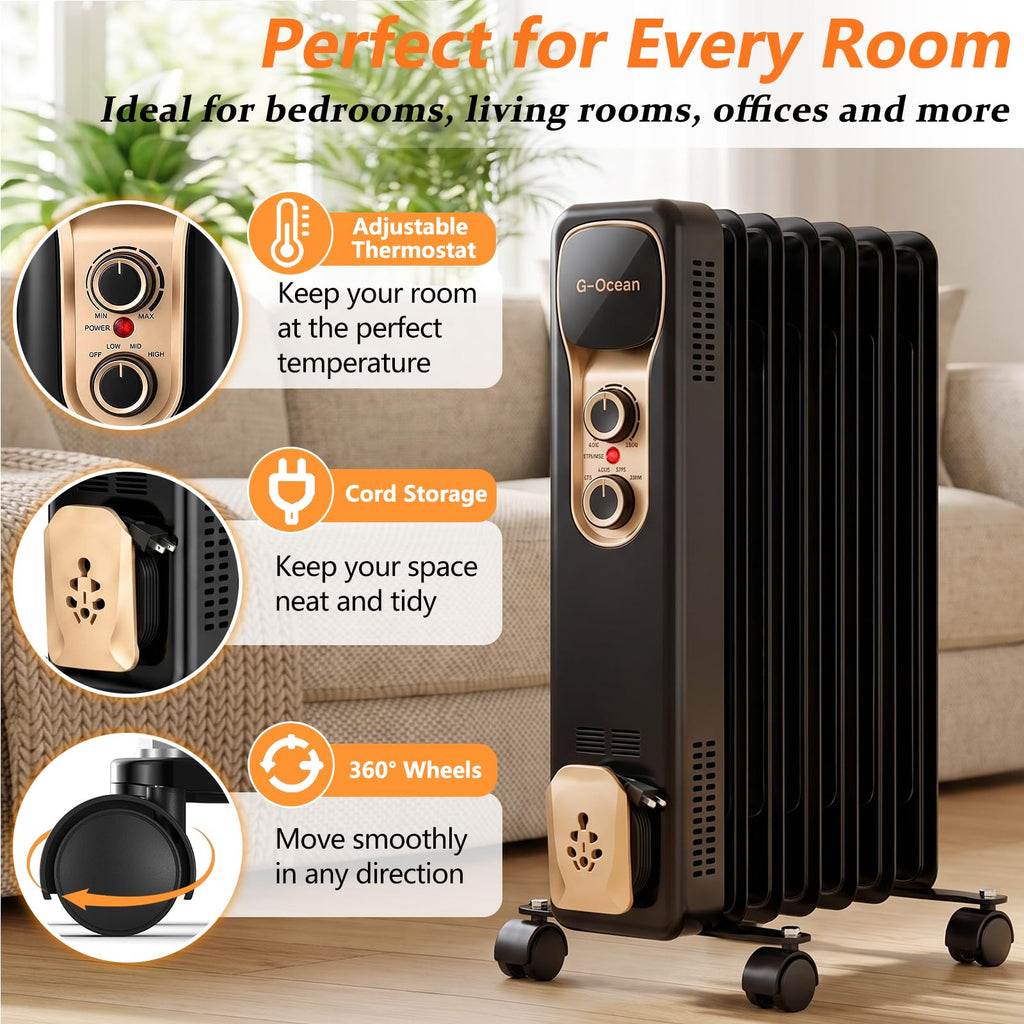 Oil Filled Radiator Heater,1500W,Manual Knob,Silent Heating