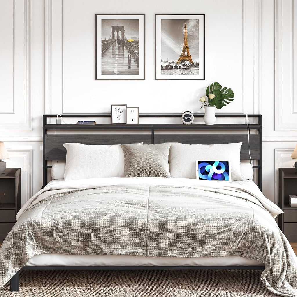 King Headboard, Headboard with 2 Outlets and 4 USB Ports, Adjustable Height, Storage Rack, Sturdy and Stable