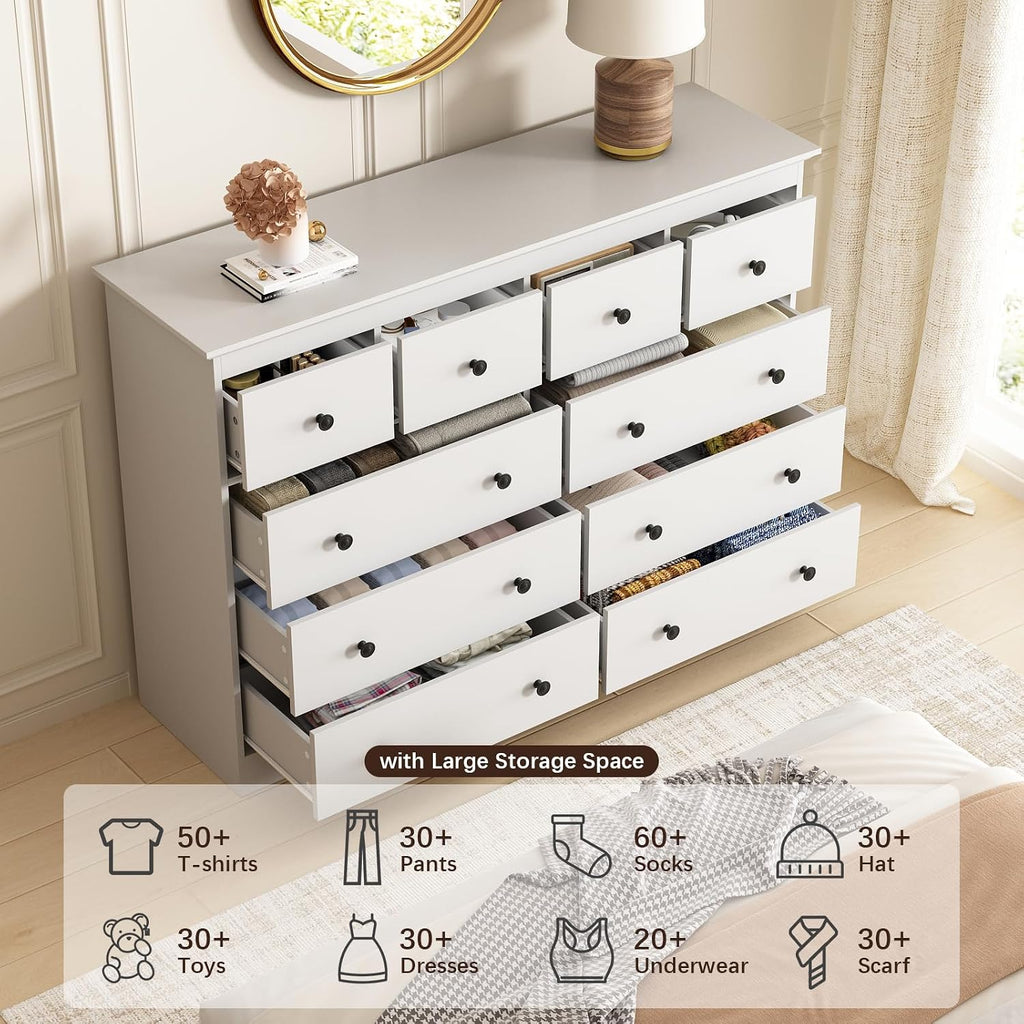 Modern 10 Drawer Dresser, 55.1" Wide Dressers & Chests of Drawers with Large Capacity Storage, Mid Century White