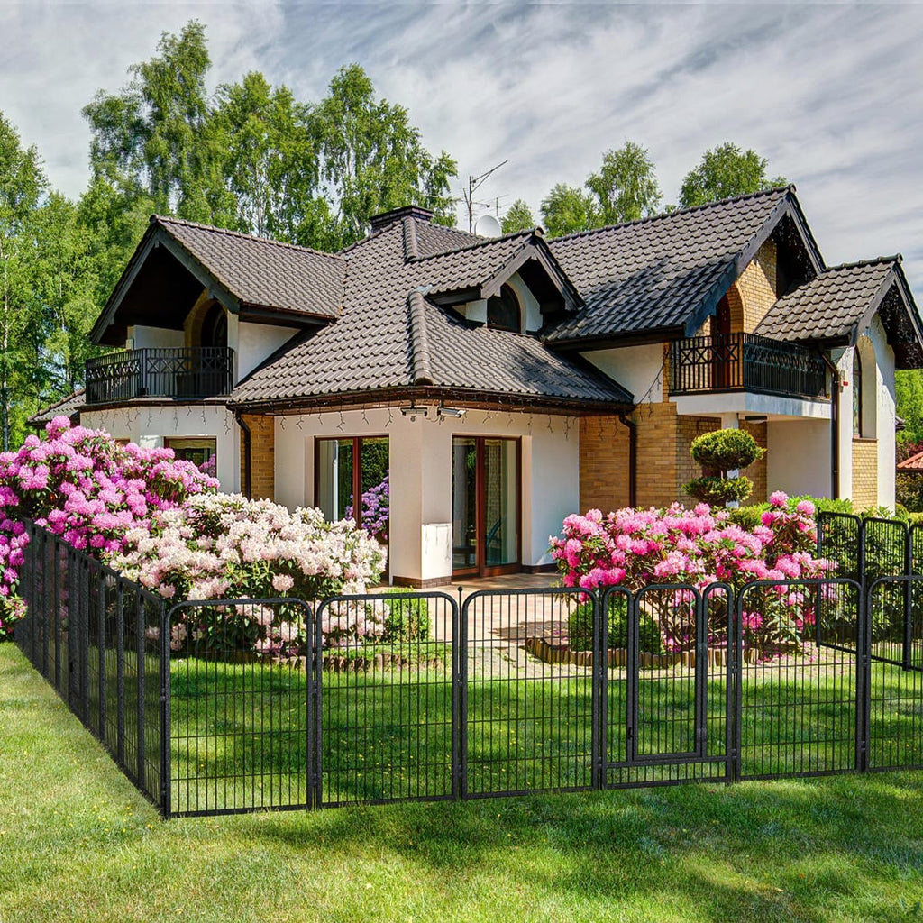 Decorative Garden Metal Fence 31.4ft (L)×24in (H) with 14 Panels 2 Gate Outdoor, No Dig Rustproof Wire, Animal