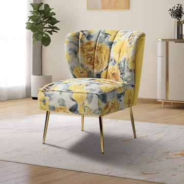 Accent Chair with Golden Legs, Comfy Tufted Wingback Living Room Chair Floral Fabric Small Armless Side Chair