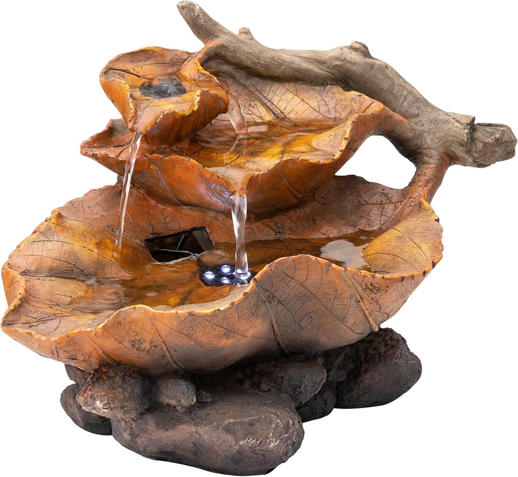 9" Tall Indoor Tabletop Tiered Leaf Hand-Painted Fountain with LED Lights