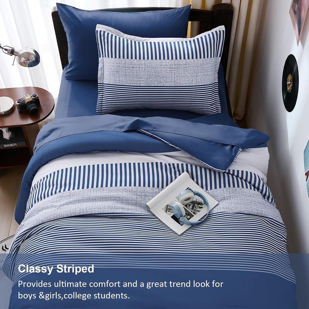 Comforter Navy Blue Striped Comforters for Boys&Girls,5 Pieces Bed in A Bag Simple Neutral-Style Bedding Sets