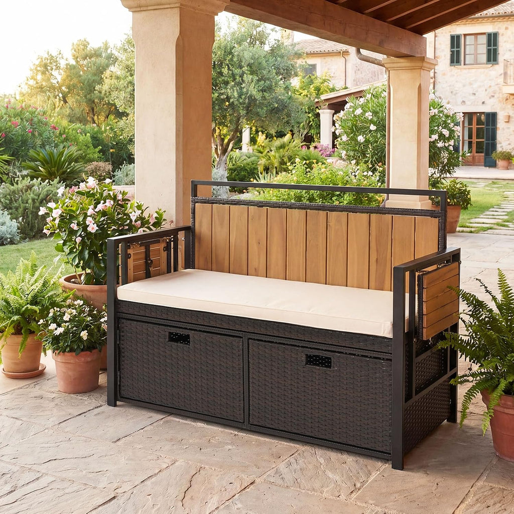 Outdoor Storage Bench, Outside Cushioned Loveseat Seating with Acacia Wood Backrest, 2 Folding Side Tables & 2 Doors