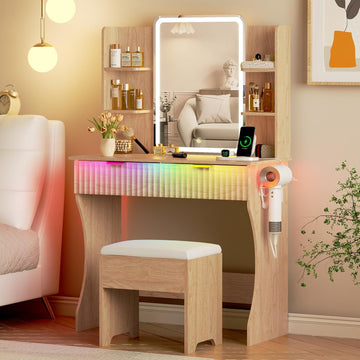 Vanity Desk with LED Lights Mirror & Power Outlet, Small Makeup Vanity Table Set with Storage Drawers & Chair, 3