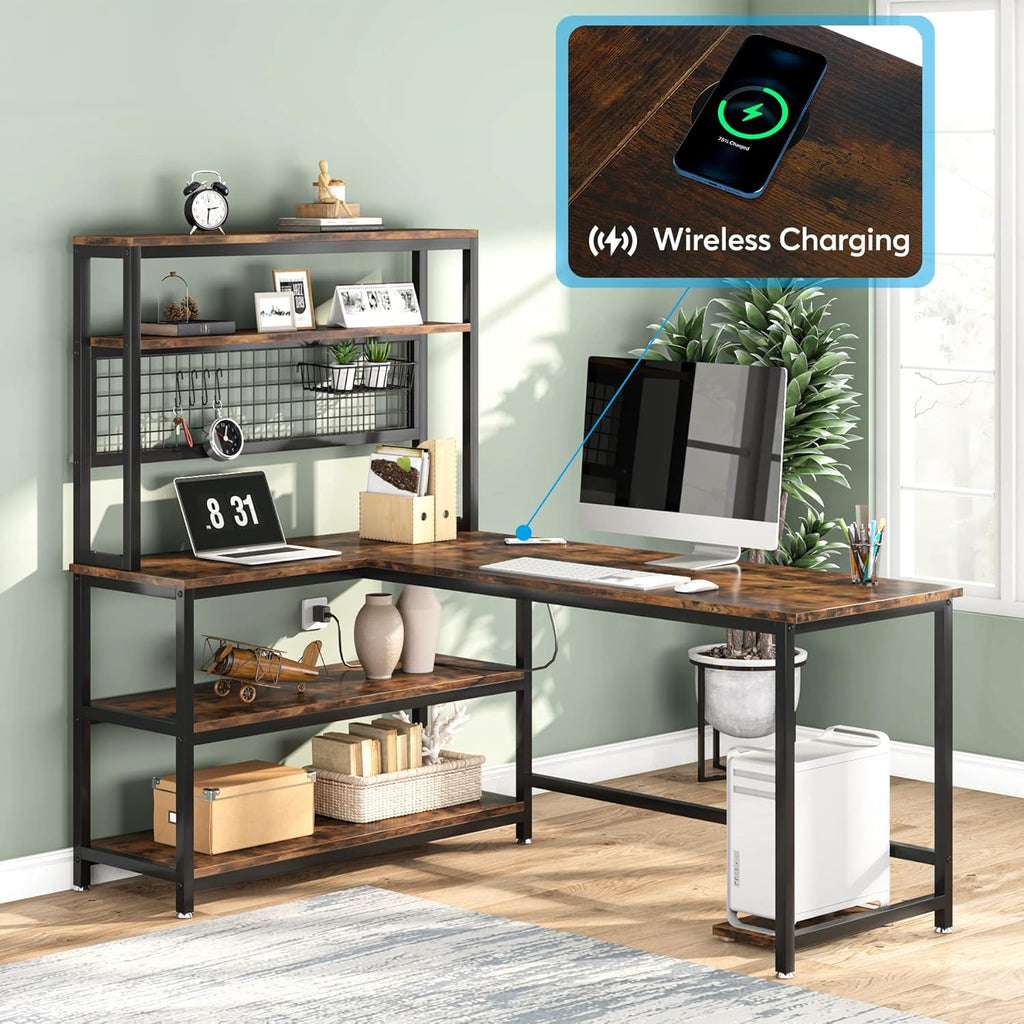 55" L-Shape Computer Desk with Hutch and Wireless Charging