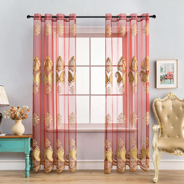 Luxury Embroidered Sheer Curtains for Living Room Burgundy Red Tulle Curtains for Bedroom Transparent Yarn Curtain