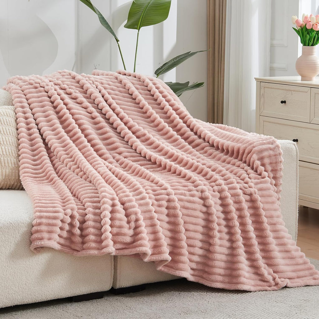 Super Soft Throw Blanket Pink Premium Silky Flannel Fleece 3D Ribbed Jacquard Lightweight Bed Blanket All Season Use