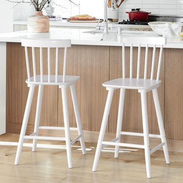 Windsor Wooden Bar Stools Set of 2 Island, Farmhouse 24 Inch Counter Height Stools Chairs with Spindle Back, White
