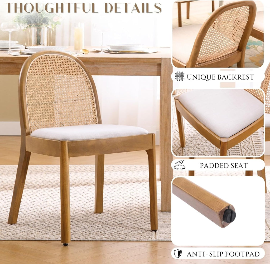 Rattan Dining Chairs Set of 2, Upholstered Linen Dining Room Chairs with Backrests, Modern Kitchen Chairs with Wood
