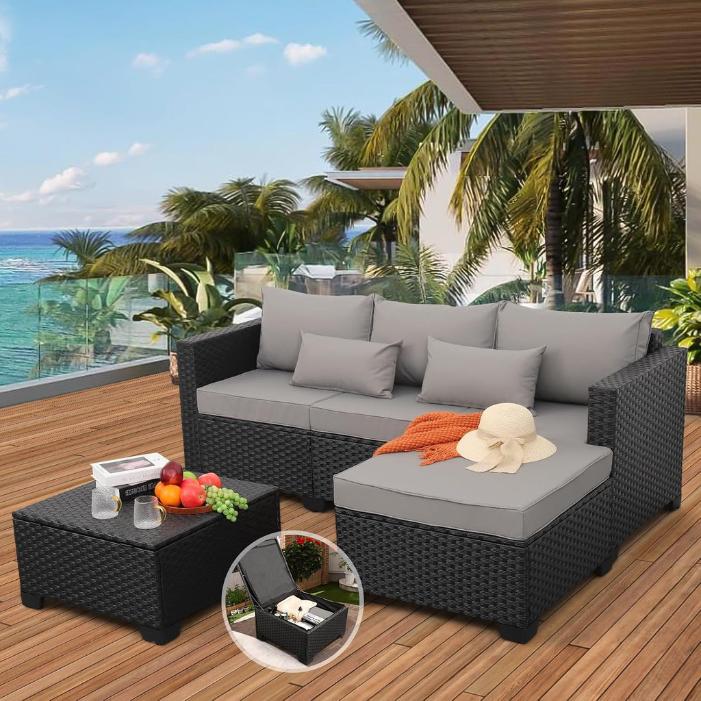 3 Pieces Patio Furniture Set Outdoor Sectional Wicker Patio Furniture Patio Couch with Ottoman and Outdoor Storage
