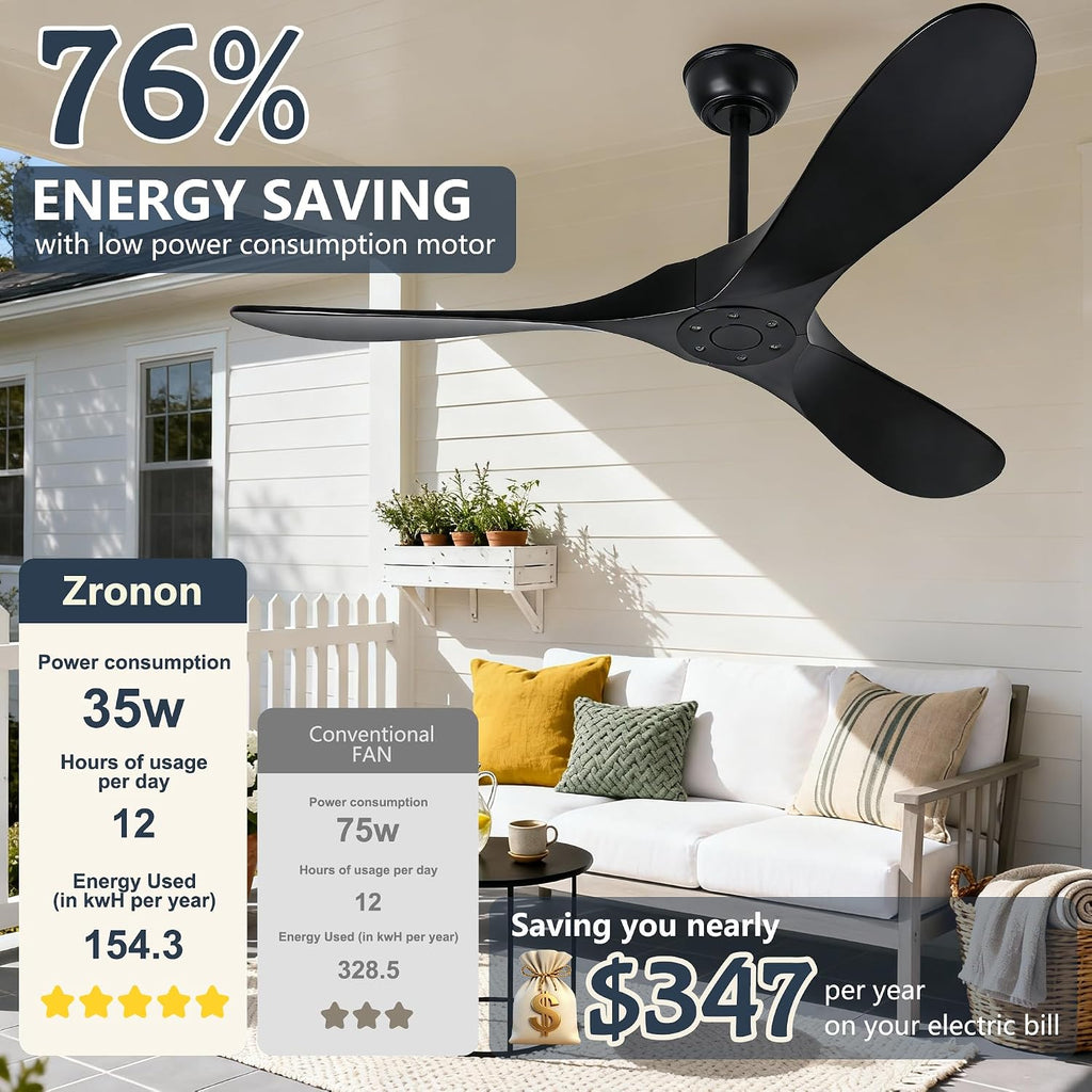 Inspired Maverick Style 72 Inch Solid Wood Ceiling Fan with Remote Control,Black Indoor/Outdoor Wooden Ceiling Fan,3-Blade Rustic Ceiling Fans for Patio,Living Room,6-Speed Silent Reversible DC Motor,No Light,Damp Rated
