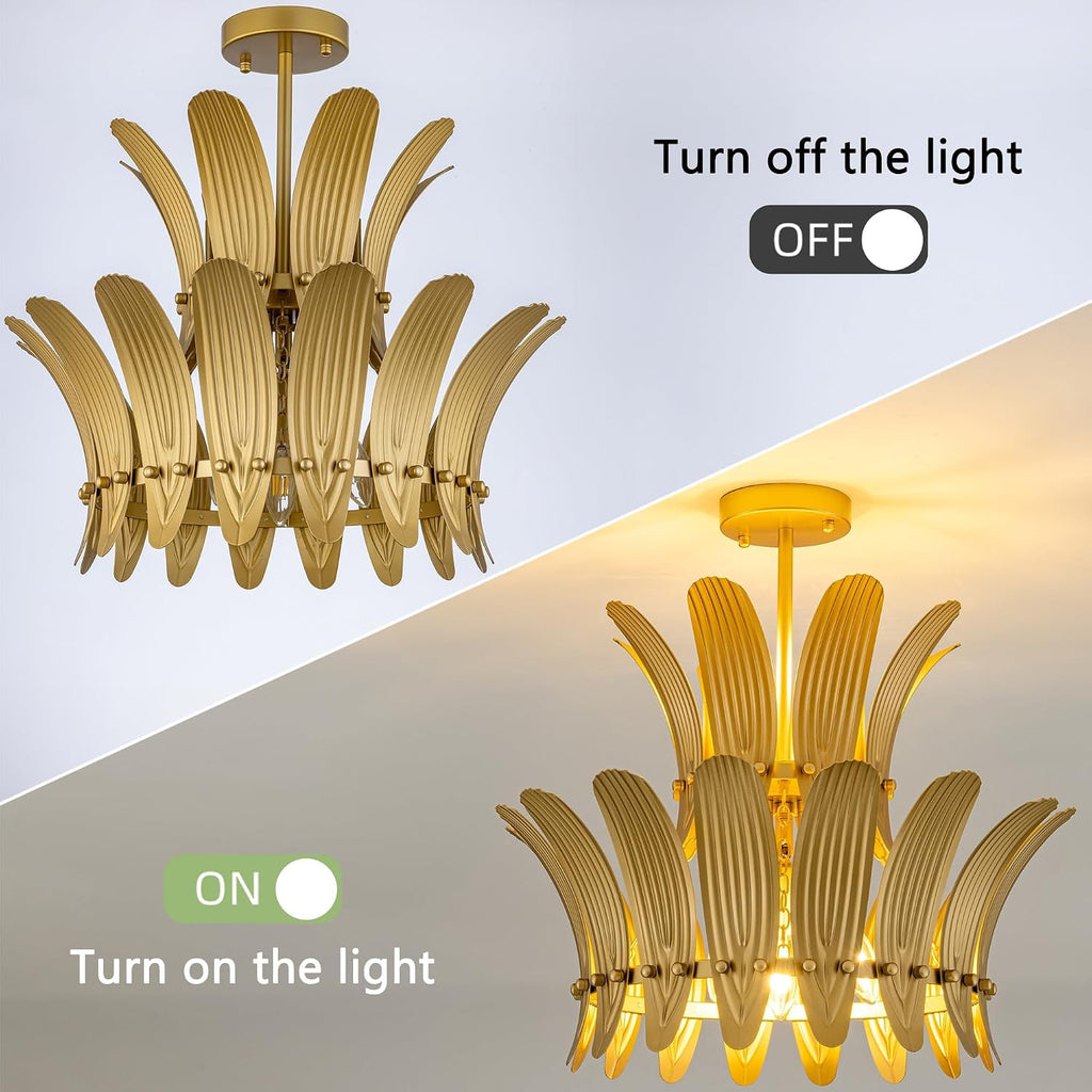 Gold Flush Mount Ceiling Light Fixture, 5 Lights Farmhouse Leaf Chandelier for Dining Room, Modern Semi Flush Ceiling