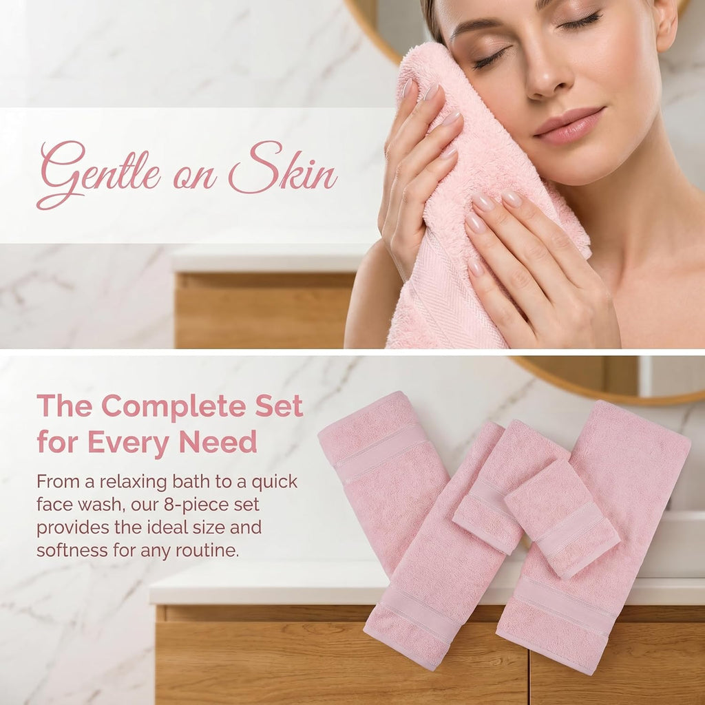 100% Turkish Combed Cotton Bath Towel Set, Blush Pink, 8-Piece | Plush thick, non-fading, 2 Bathroom Towels, 2 Hand