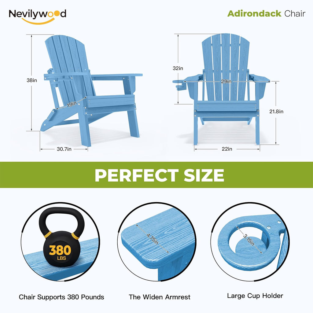 Folding Adirondack Chairs Set of 2, HDPE Cup Holders, Light Blue | Patent pinless folding design, 380lbs, Extended