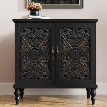 Vintage Accent Cabinet with 2 Doors, Credenza | Hand Painted Carved Door Sideboard & Buffet Cabinet, Wood Storage