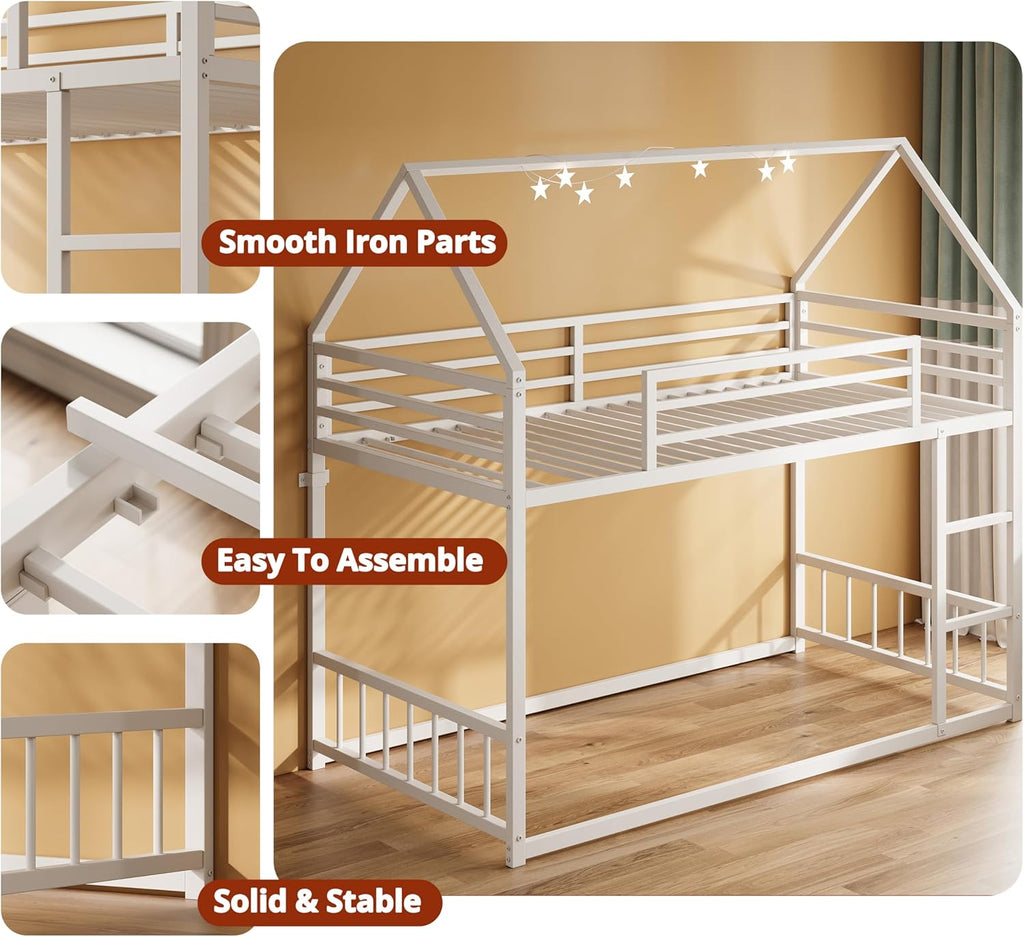 Bunk Bed Twin Over Twin, House Bunk Bed Frame with Ladder and Guardrail