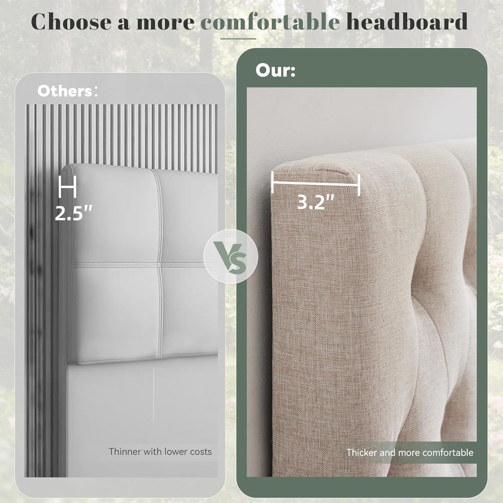 Tufted Upholstered Queen Bed Headboard in Modern Button Design, Adjustable Solid Wood Head Board, Premium Linen