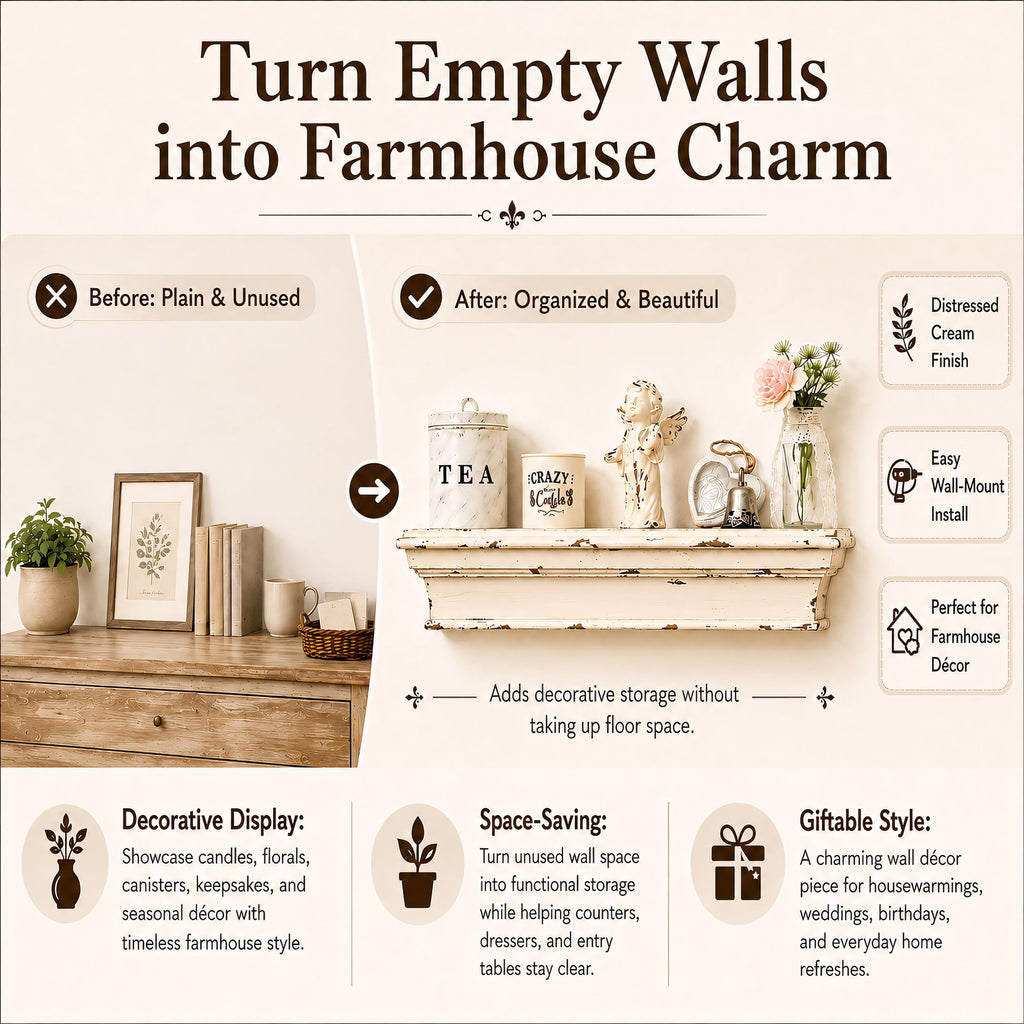 31.5 Inch Distressed White Wall Shelf, Rustic Farmhouse Floating Shelf