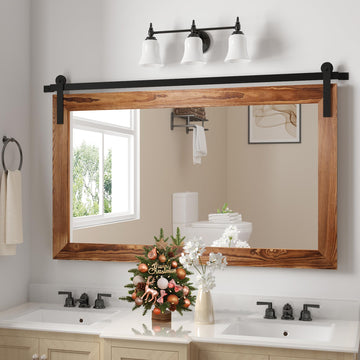Farmhouse Barn Door Mirror - 41" x 26" Rustic Wood Framed Wall Mirror Wall Decor (Brown)