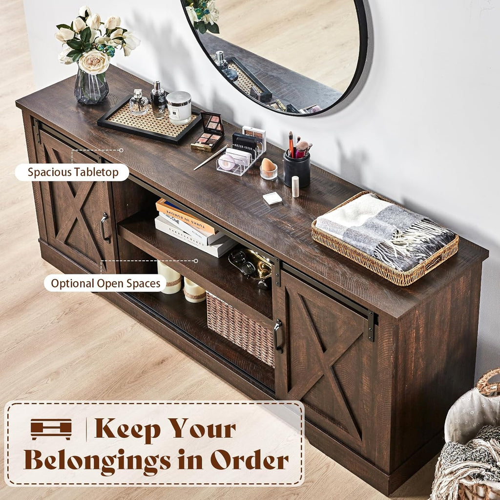 66" TV Stand for 65 Inch TV, Farmhouse Entertainment Center with Storage Cabinets and Adjustable Shelf & Feet, Modern