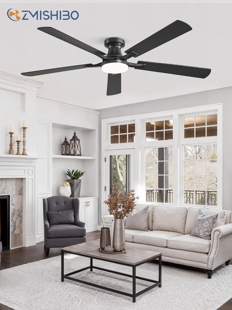 60 Inch Ceiling Fan with Light, App&Remote Control, Flush Mount Low Profile, Dimmable 20W LED Light, Quiet Reversible Motor for Bedroom, Living Room, Apartment, Black