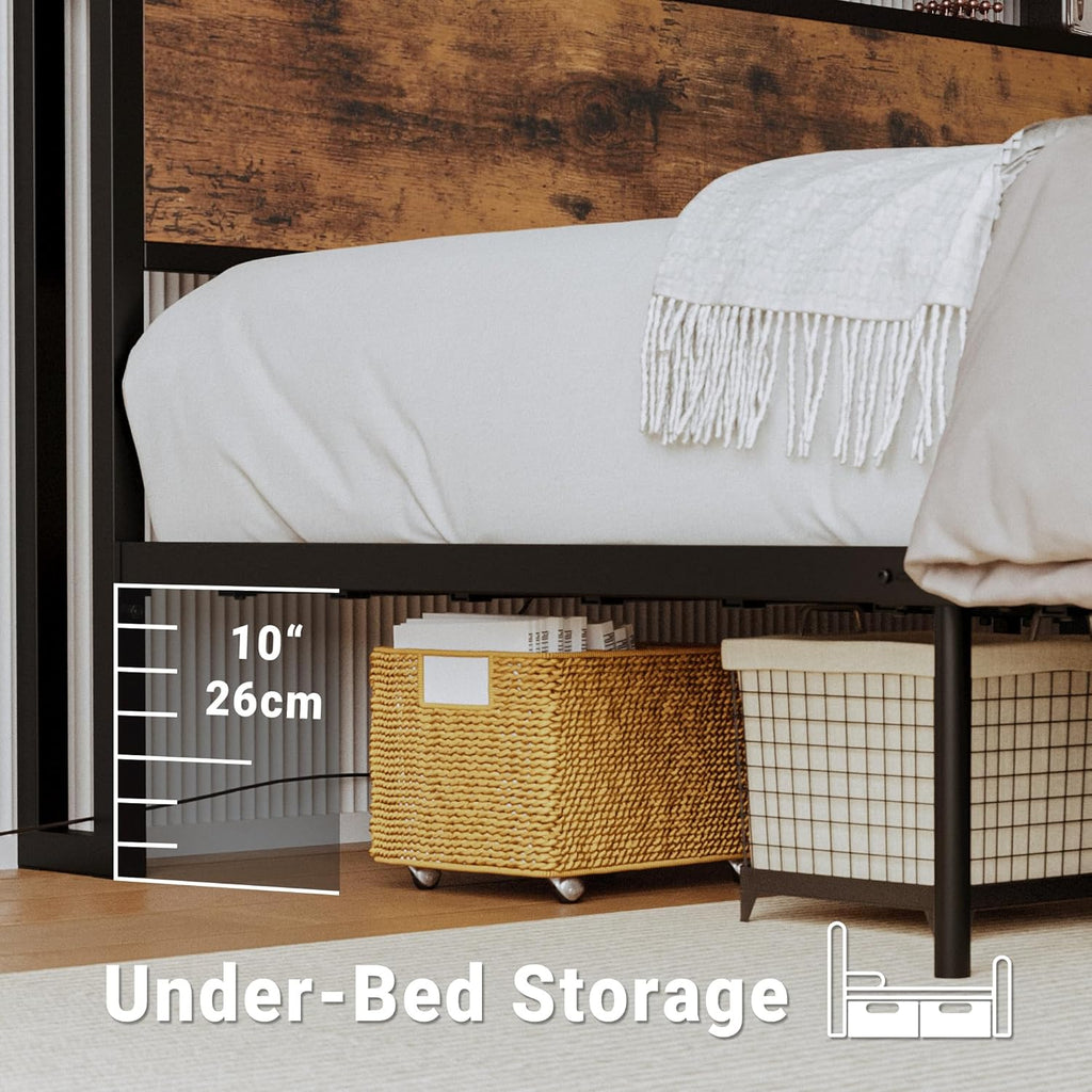 King Bed Frame with Storage Headboard, Platform King Bed with 2 Drawers and Charging Station, Heavy-Duty Metal Slats