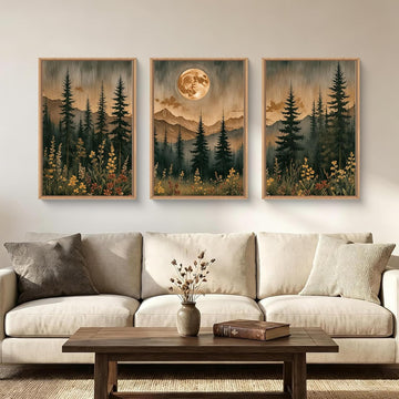 Vintage Boho Nature Moonlight Forest Mountain Framed Canvas Wall Art Set,Wilderness Dark Moon Woodland Floral