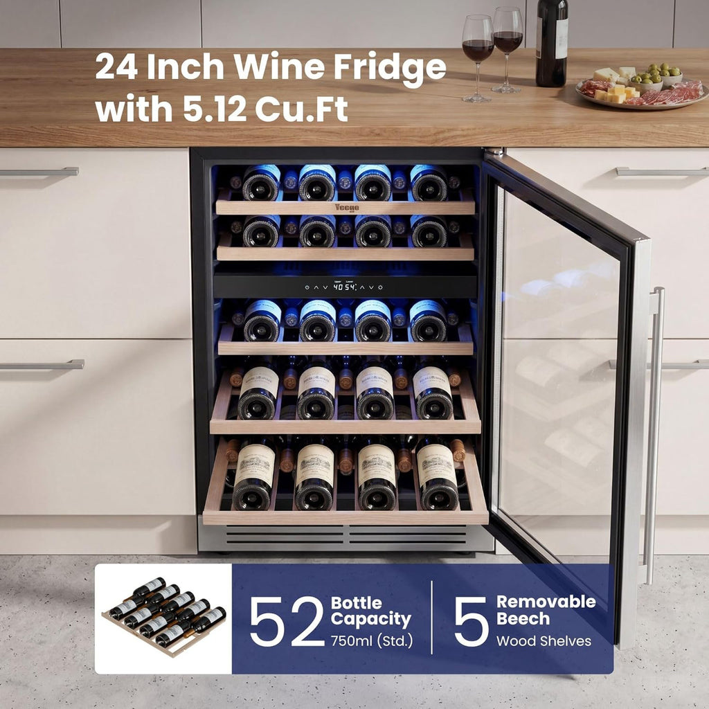 Wine Fridge Cooler - 24 Inch Dual Zone Wine Fridge Hold 52 Bottles, 40-65°F Wine