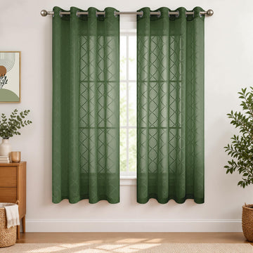 Olive Green Curtains with Diamond Plaid, Sheer Dark Moody Curtains Living Room, Wide 52 x 63 Inch Length, 2 Panels Set