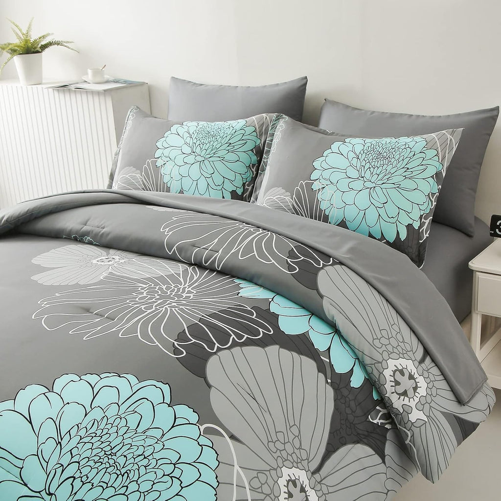 7 Pieces Bed in a Bag Floral Comforter Set Queen Flowers Bedding Set Soft Microfiber Boho Comforter Sets with 1