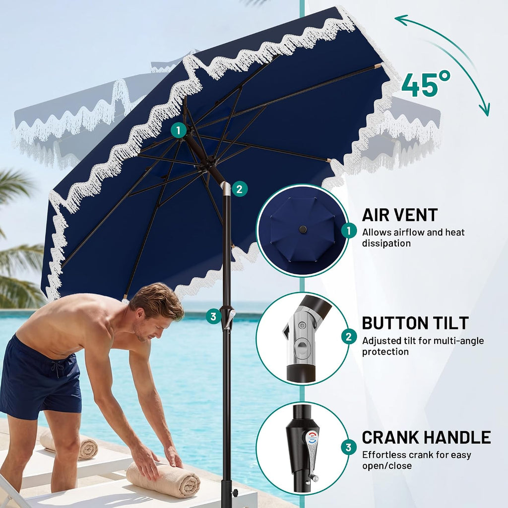 9ft Patio Umbrella with Fringe Tassels, Wind-Resistant Fiberglass Ribs - Navy