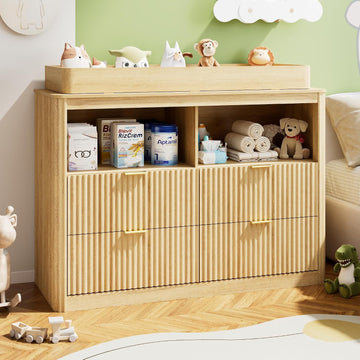 Changing Table Dresser, 4 Large Drawers Wood Baby Nursery Dresser with Raised and Detachable Changing Table Top