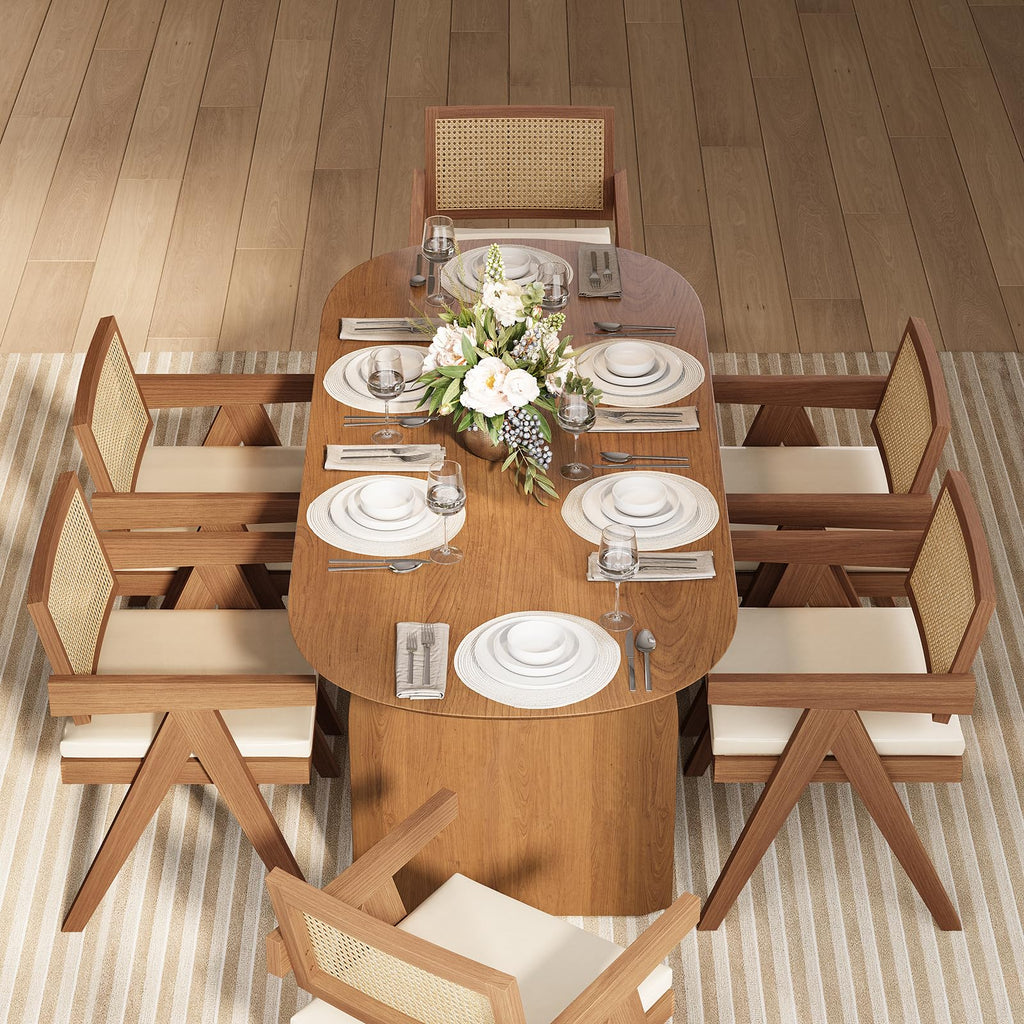 Japandi Oval Dining Table for 6, 70.9" Solid Pine Wood Kitchen Table, Modern Mid Century Minimalist Kitchen & Dining