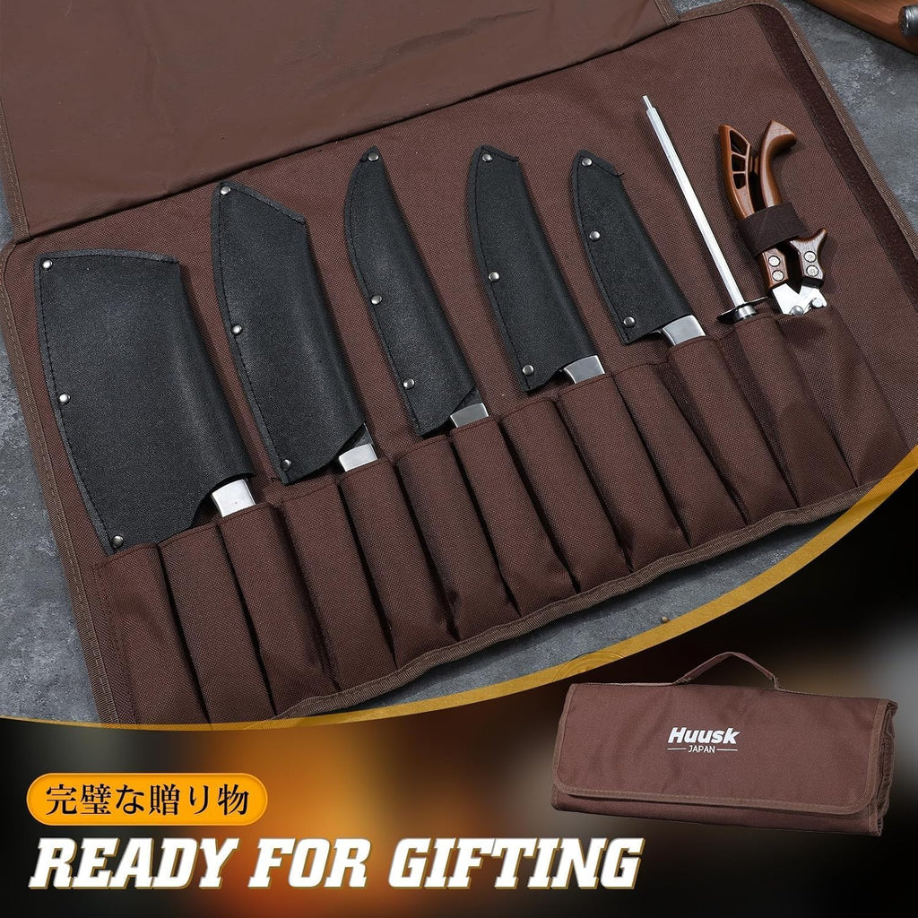 7 PCS Butcher Knife Set for Meat Cutting with Roll Bag, Gifts for Men | Japanese Chef Knife Set with Sharpening Rod
