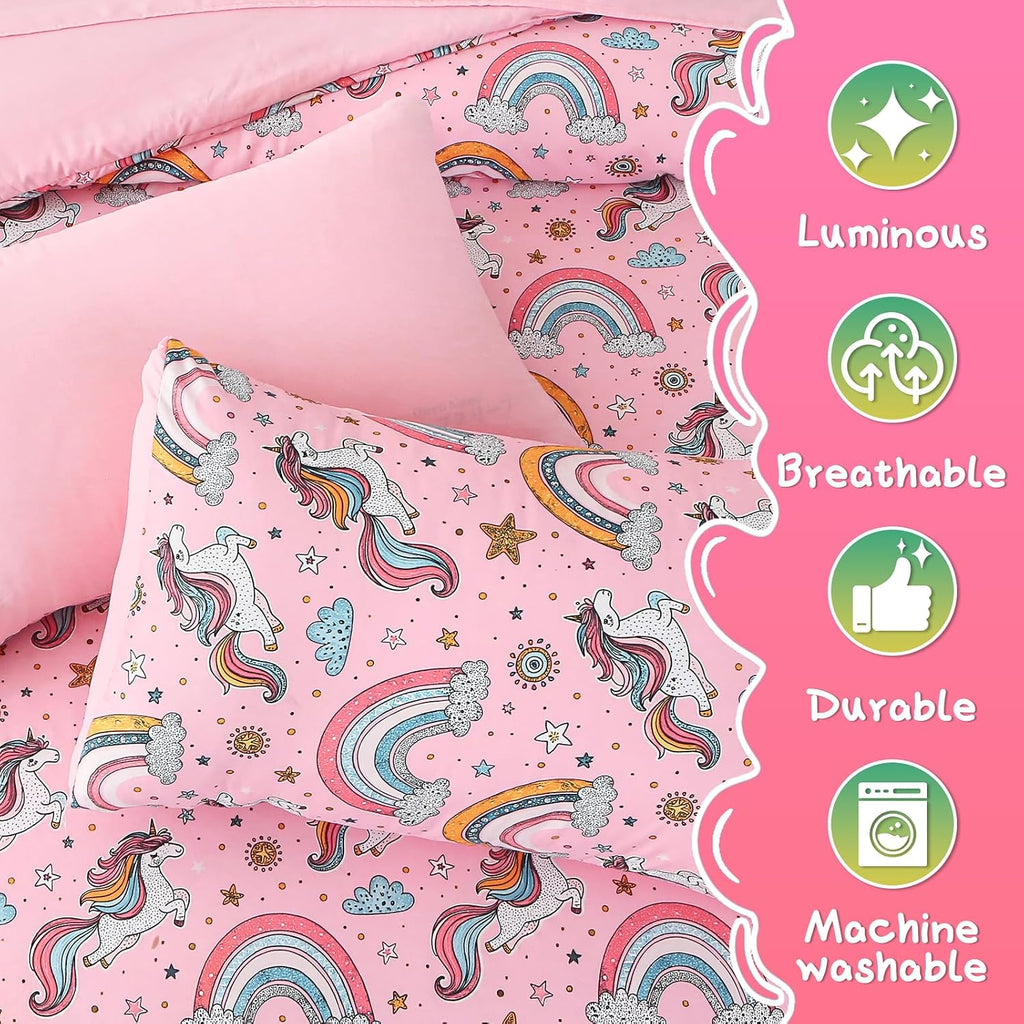 Glow in The Dark Kids Comforter Set, 3 Pieces Pink Unicorn Bedding Set for Boys Girls Teen, 1 Comforter, 1