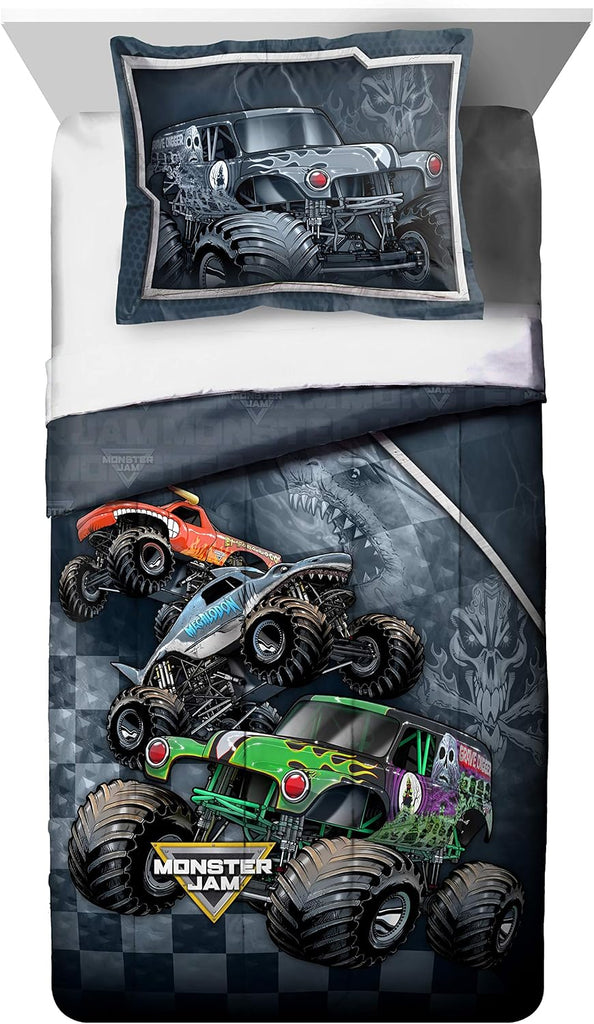 Comforter Set Full, Kids 7 Piece Bed in a Bag, Reversible Bedding, Grave Digger & Megalodon, Super Soft
