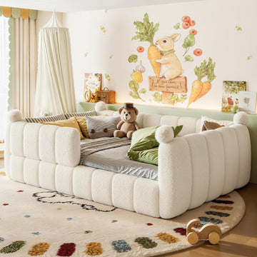 Full Size Upholstered Montessori Floor Bed Frame with Full Surround Safety Rails, for Girls & Boys, Teddy Fleece