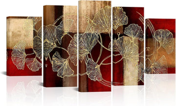 Large 5 Piece Abstract Canvas Wall Art Gold Ginkgo Leaf Paintings Prints Modern Burgundy and Brown Home Living Room