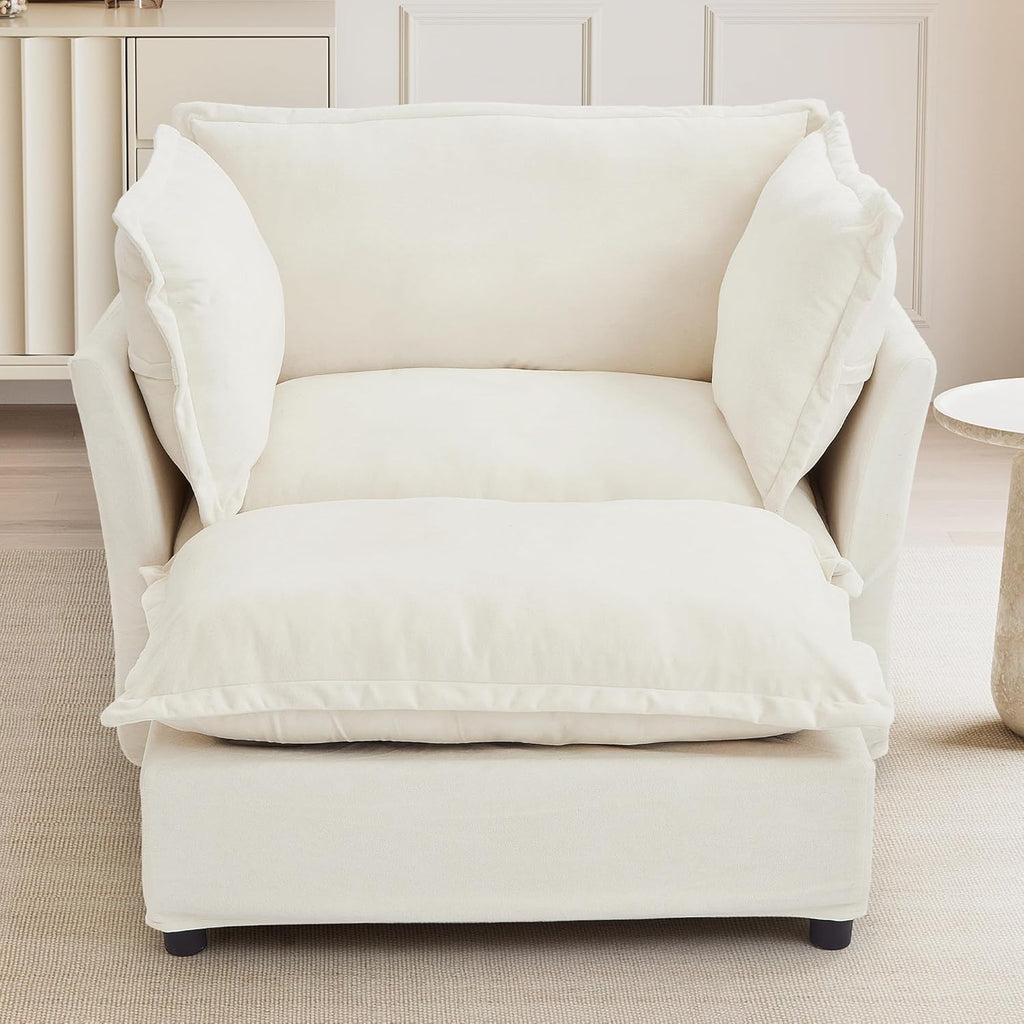 Modern Reading Chair and Ottoman — Beige Velvet